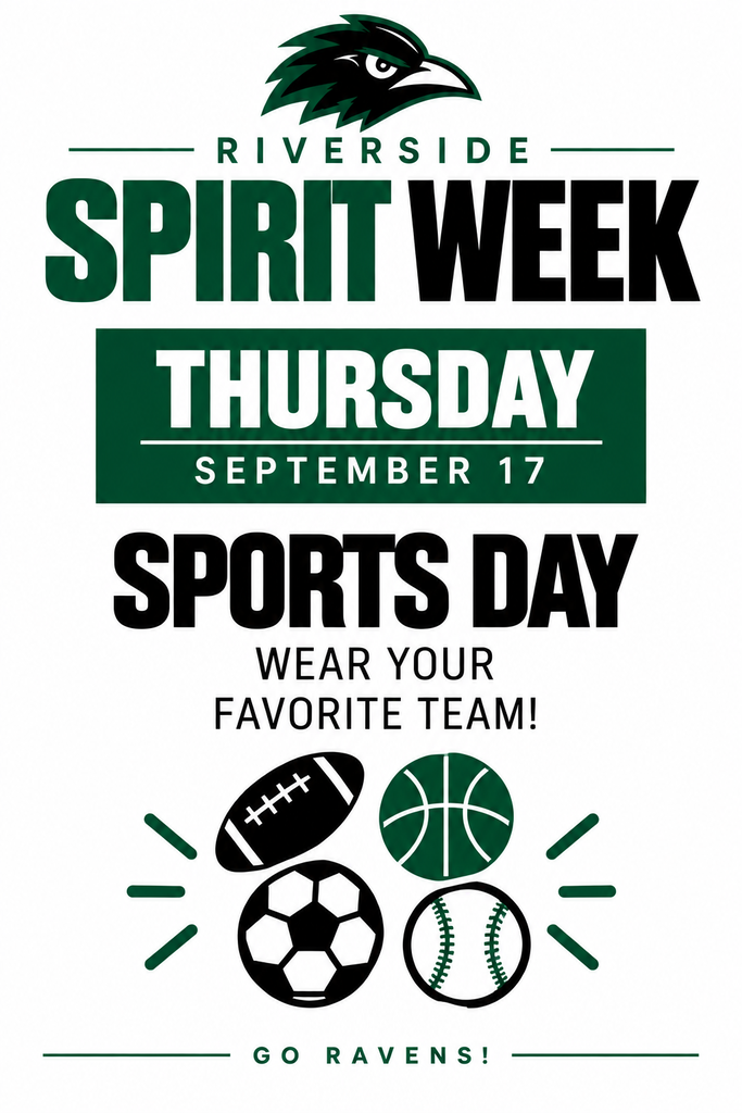 Spirit Week poster for Riverside. Thursday, September 17th, Sports Day. Five sports icons: football, basketball, soccer, baseball, and tennis. Text reads, "Wear your favorite team!"