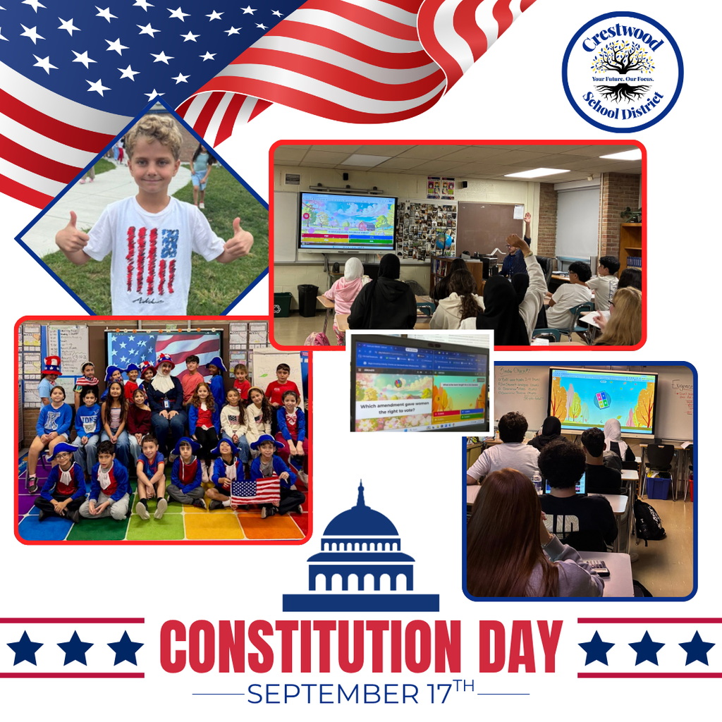 A Constitution Day graphic from Crestwood School District featuring a waving American flag across the top and the Crestwood School District logo in the upper right corner. The collage includes photos of students celebrating and learning about the U.S. Constitution. One student wearing a white T-shirt with a red, white, and blue American flag design gives two thumbs up. A group of Kinloch students and staff dressed in red, white, and blue pose together in a classroom with American flags and patriotic decorations. Two photos show Crestwood High School students participating in a Constitution-themed Kahoot competition in their classrooms, with questions displayed on classroom screens. A close-up photo shows a Kahoot question asking, “Which amendment gave women the right to vote?” A blue illustration of the U.S. Capitol appears near the bottom. Large red and blue text reads, “CONSTITUTION DAY – SEPTEMBER 17TH,” with blue stars and red lines decorating the bottom of the graphic.