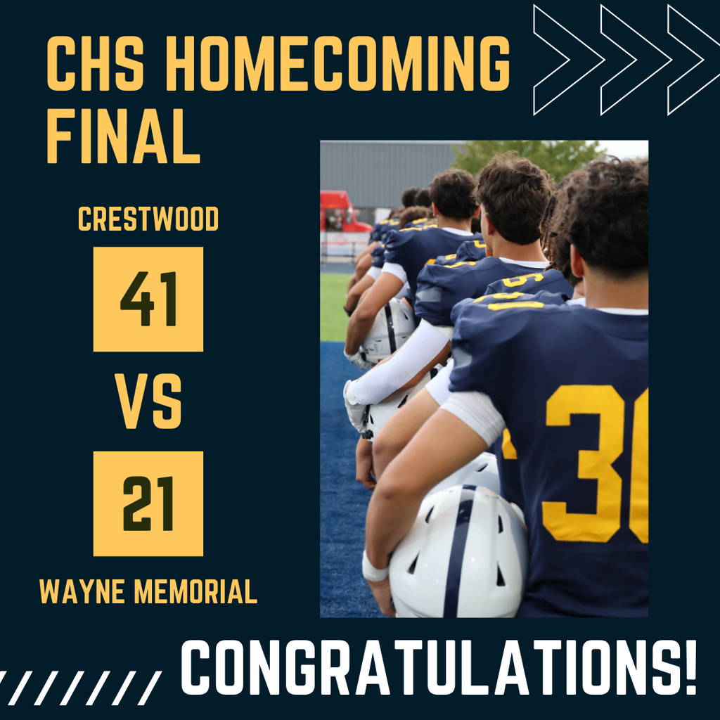 Graphic announcing the Crestwood High School Homecoming football final score. Large gold text reads “CHS Homecoming Final.” The score shows Crestwood 41 and Wayne Memorial 21, with “VS” between the scores. A photo on the right shows Crestwood football players in navy blue and gold uniforms standing in a line on the sideline while holding white helmets. Large white text across the bottom reads “Congratulations!” The graphic has a dark navy background with white arrow designs in the upper right and white diagonal lines in the lower left.