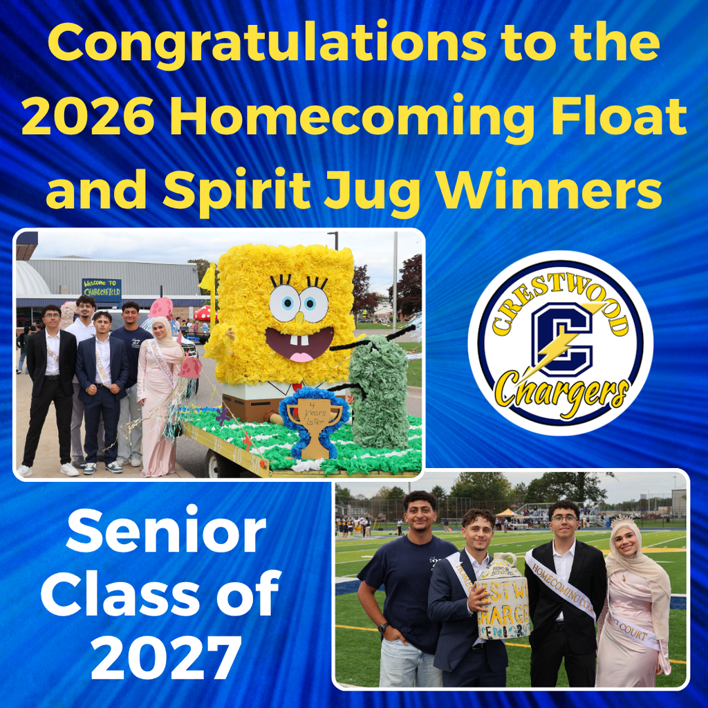 Blue background with text and photos. Students stand with awards, a float, and the Crestwood Chargers logo.