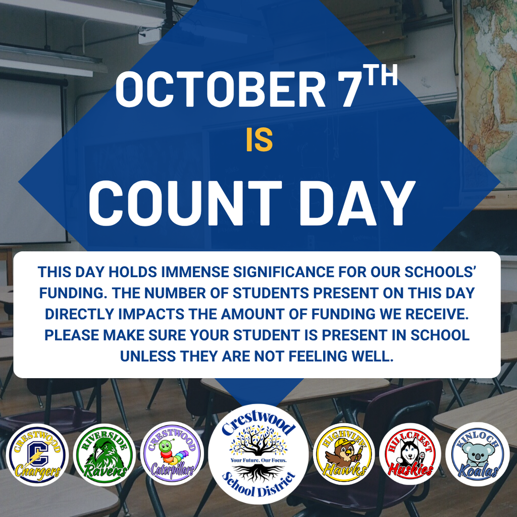 Crestwood School District Count Day graphic announcing that October 7 is Count Day. The graphic states, “This day holds immense significance for our schools’ funding. The number of students present on this day directly impacts the amount of funding we receive. Please make sure your student is present in school unless they are not feeling well.” The background features a classroom, and the bottom displays the Crestwood High School Chargers, Riverside Middle School Ravens, Crestwood Early Childhood Center Caterpillars, Crestwood School District, Highview Hawks, Hillcrest Huskies, and Kinloch Koalas logos.