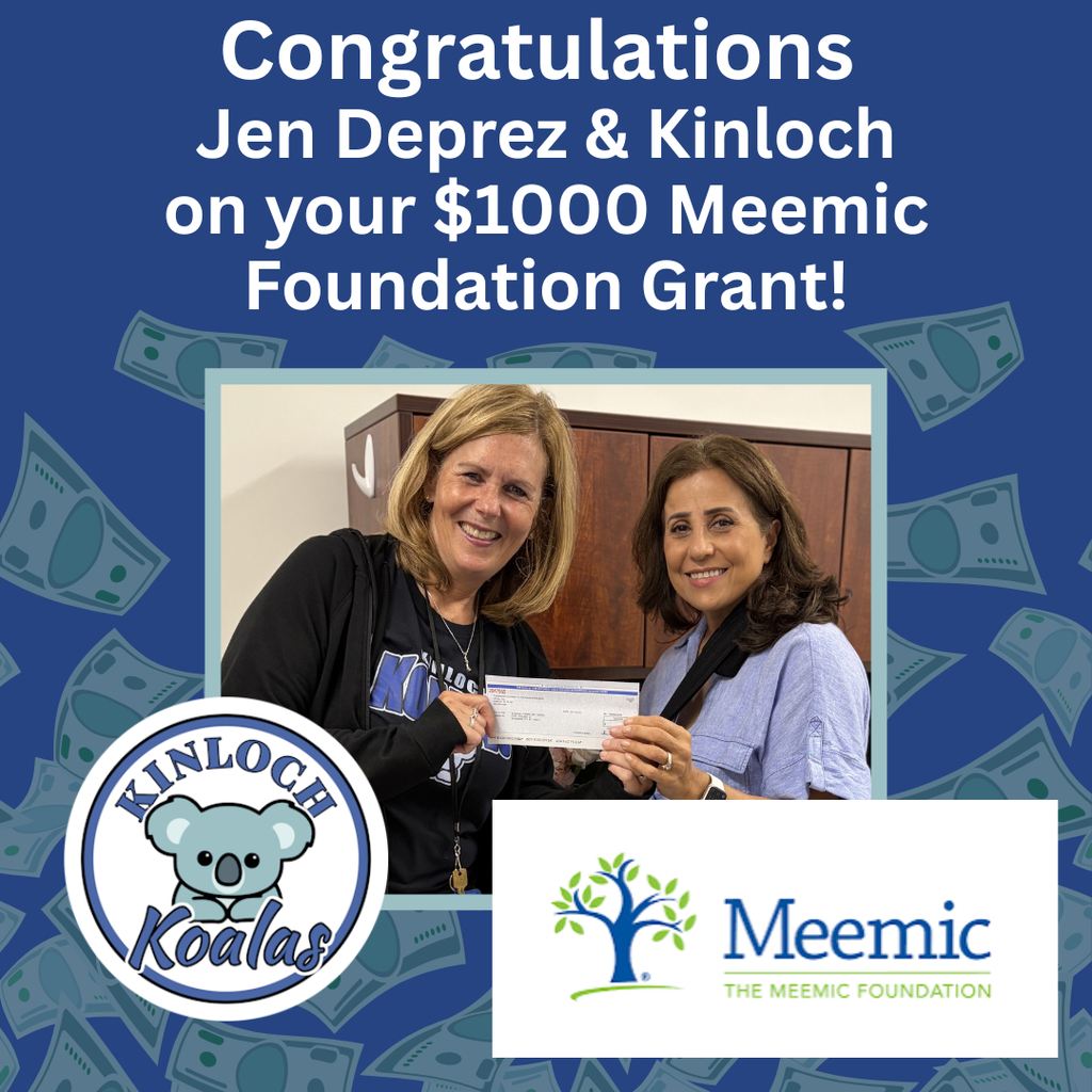 Two women smiling, one holding a check, surrounded by green dollar signs. Logos for Meemic Foundation and Kinloch Koalas.
