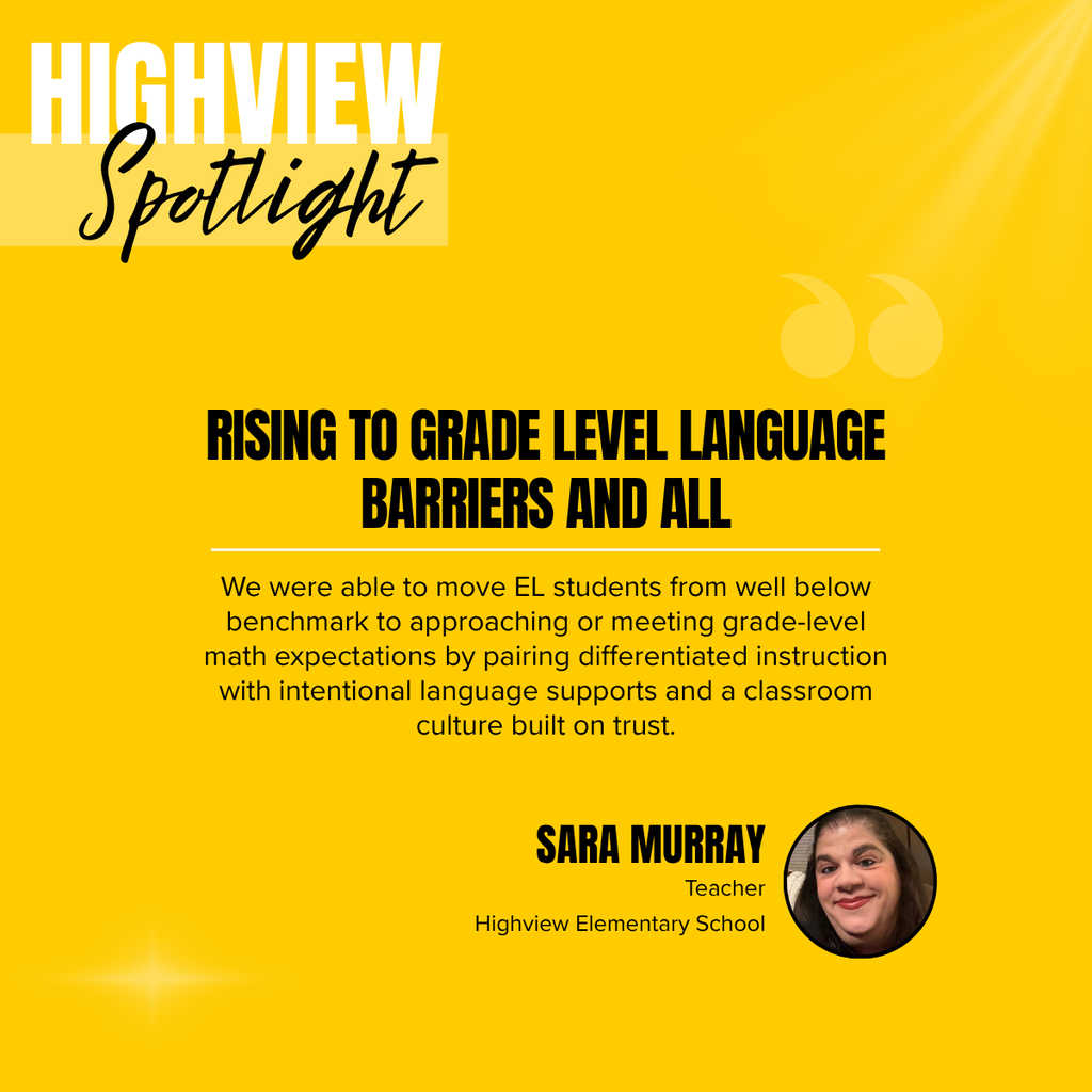 A yellow background displays a testimonial by Sara Murray. The text highlights achievements in raising English language proficiency.