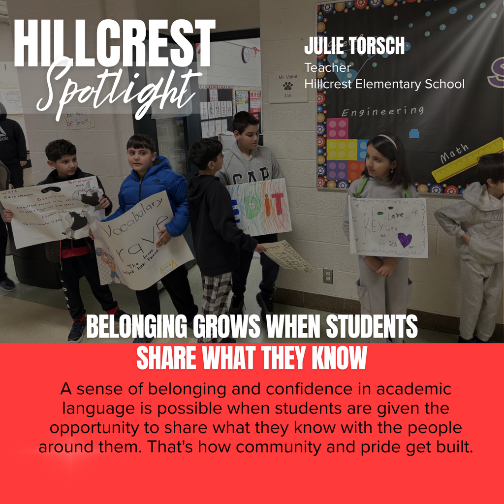 Several children holding signs in a classroom. A banner in the background says "HILLCREST SPOTLIGHT".