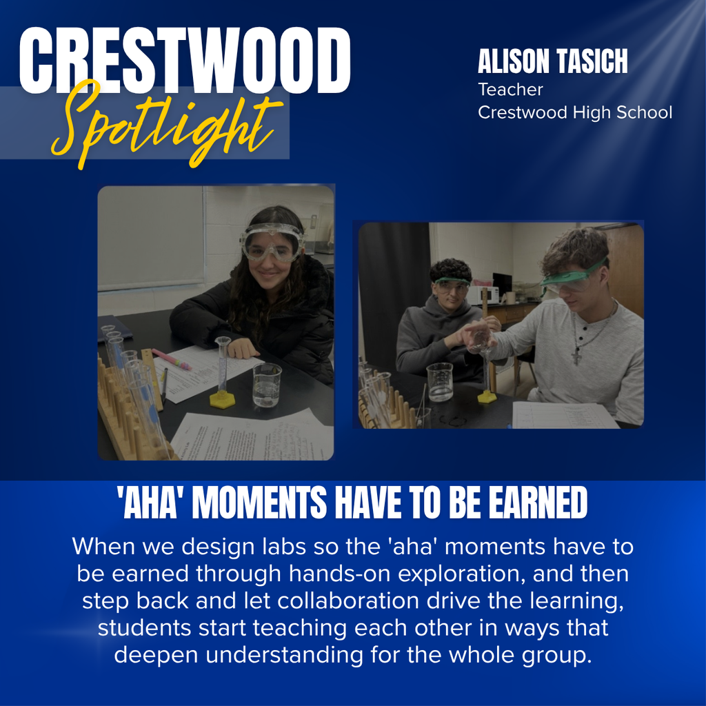 Blue-themed poster with two photos of students in a lab, one seated at a desk, and the other mixing chemicals.