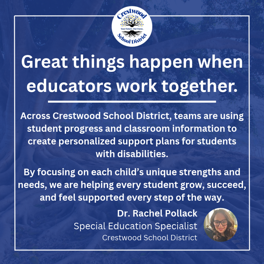 A blue background shows text about educators working together for students with disabilities, quoting Dr. Rachel Pollack.