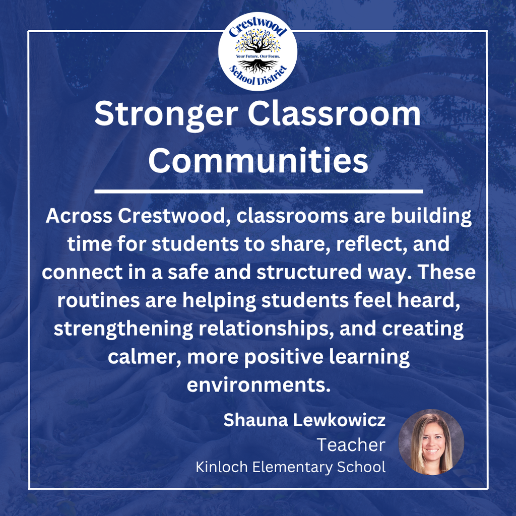 Crestwood School District graphic with a blue overlay on a background image of a large tree and its roots. The Crestwood School District logo appears at the top. Large white text reads, “Stronger Classroom Communities.” Below, the graphic states, “Across Crestwood, classrooms are building time for students to share, reflect, and connect in a safe and structured way. These routines are helping students feel heard, strengthening relationships, and creating calmer, more positive learning environments.” At the bottom is a photo of Shauna Lewkowicz with the text, “Shauna Lewkowicz, Teacher, Kinloch Elementary School.”