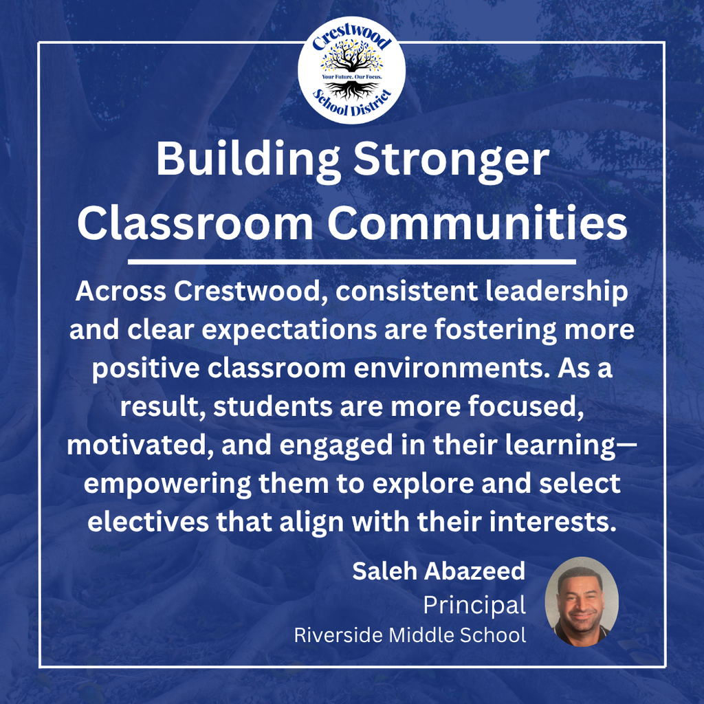 Crestwood School District graphic with a blue overlay on a background image of a large tree and its roots. The Crestwood School District logo appears at the top. Large white text reads, “Building Stronger Classroom Communities.” Below, the graphic states, “Across Crestwood, consistent leadership and clear expectations are fostering more positive classroom environments. As a result, students are more focused, motivated, and engaged in their learning—empowering them to explore and select electives that align with their interests.” At the bottom is a photo of Saleh Abazeed with the text, “Saleh Abazeed, Principal, Riverside Middle School.”