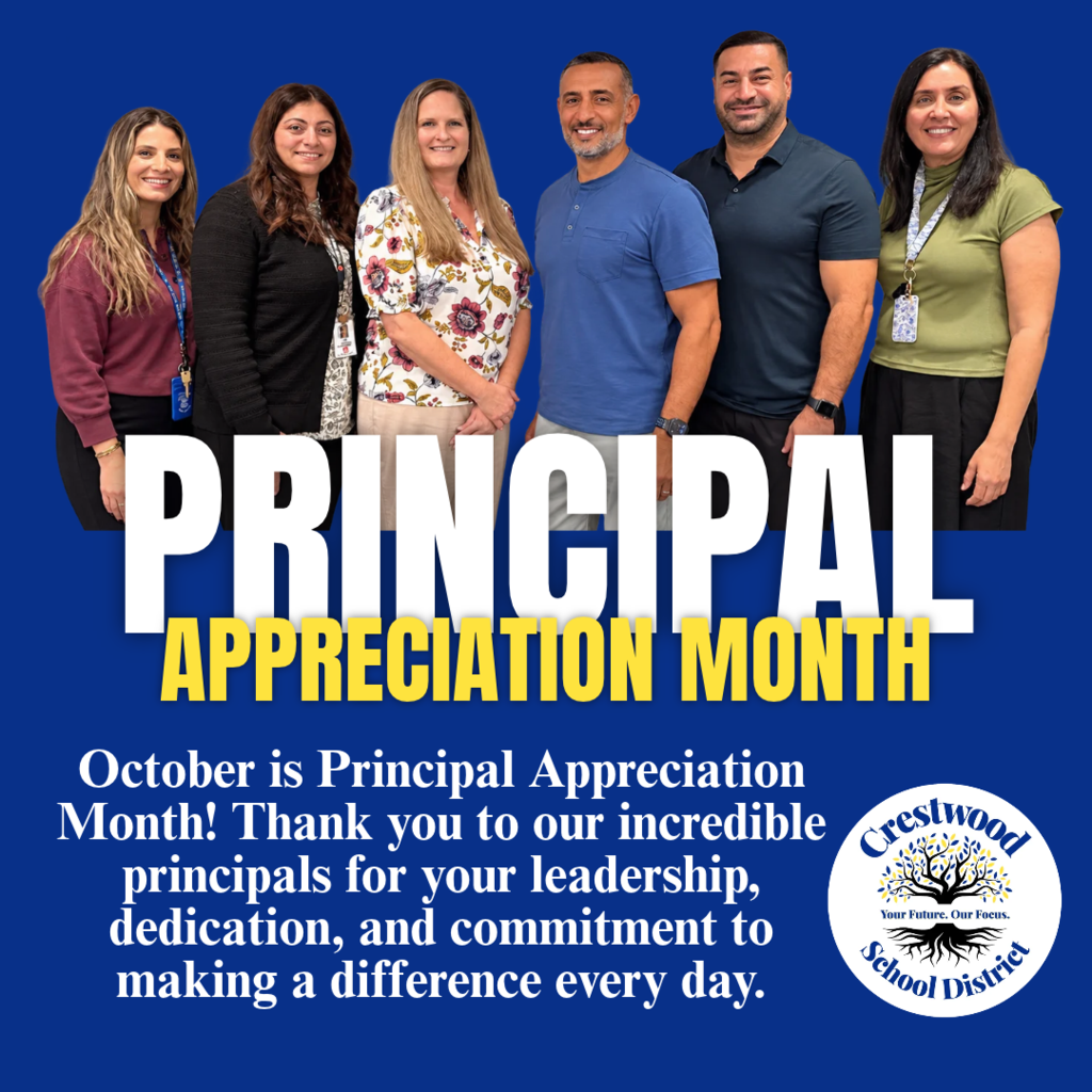 Poster with five adults, four women and one man, standing in a row. Text reads "Principal Appreciation Month."