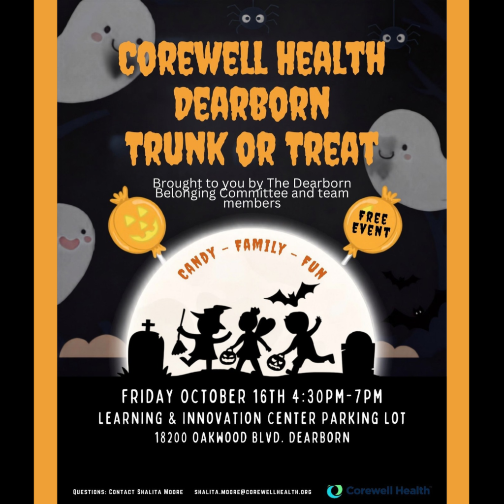 Halloween event flyer for "Trunk or Treat" at Learning and Innovation Center parking lot. Features spooky graphics.