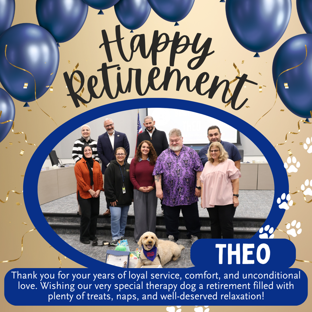 A group of people and a dog with balloons behind them. The text reads "Happy Retirement THEO".