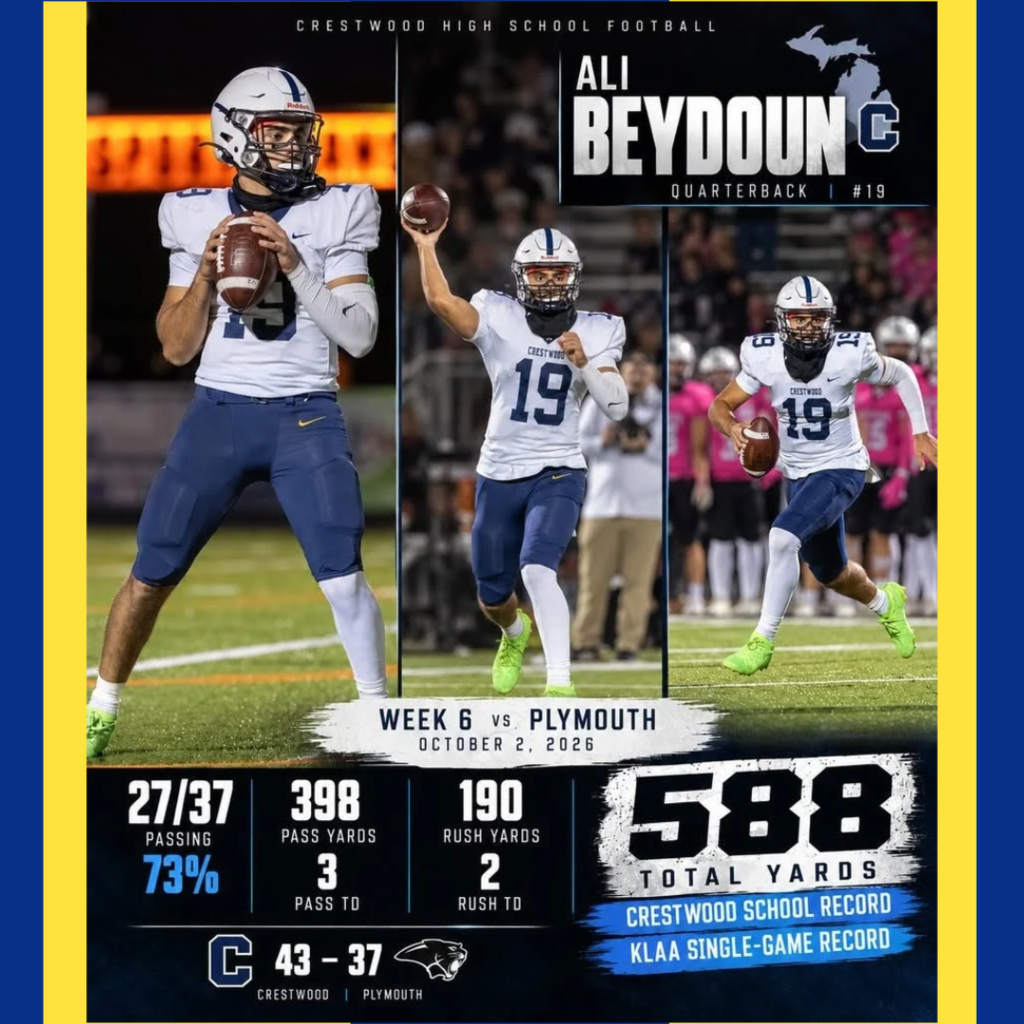 A football player with the number 19 throws a ball, runs, and catches a ball. Stats include 588 total yards, breaking a record.