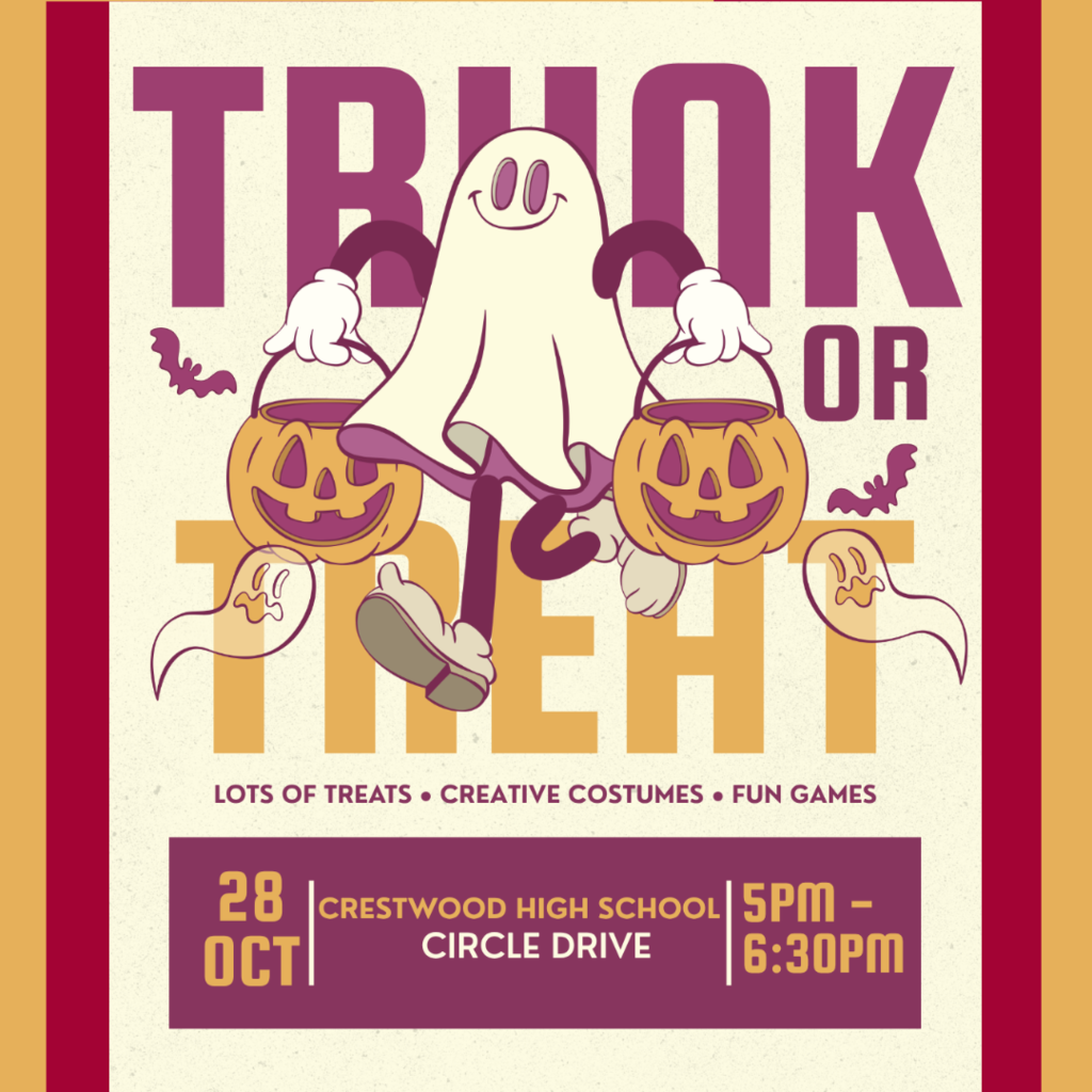 A poster features a ghost holding two pumpkins. It reads "TRUNK OR TREAT" with pumpkins and bats. Details include the date, time, and location.