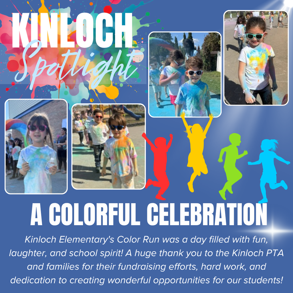 Blue poster with text "Kinloch Spotlight A Colorful Celebration" and photos of children running and playing in a field.