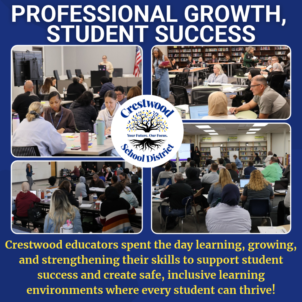 Three photos showing educators in classrooms and conference rooms. Text reads "Professional growth, student success."