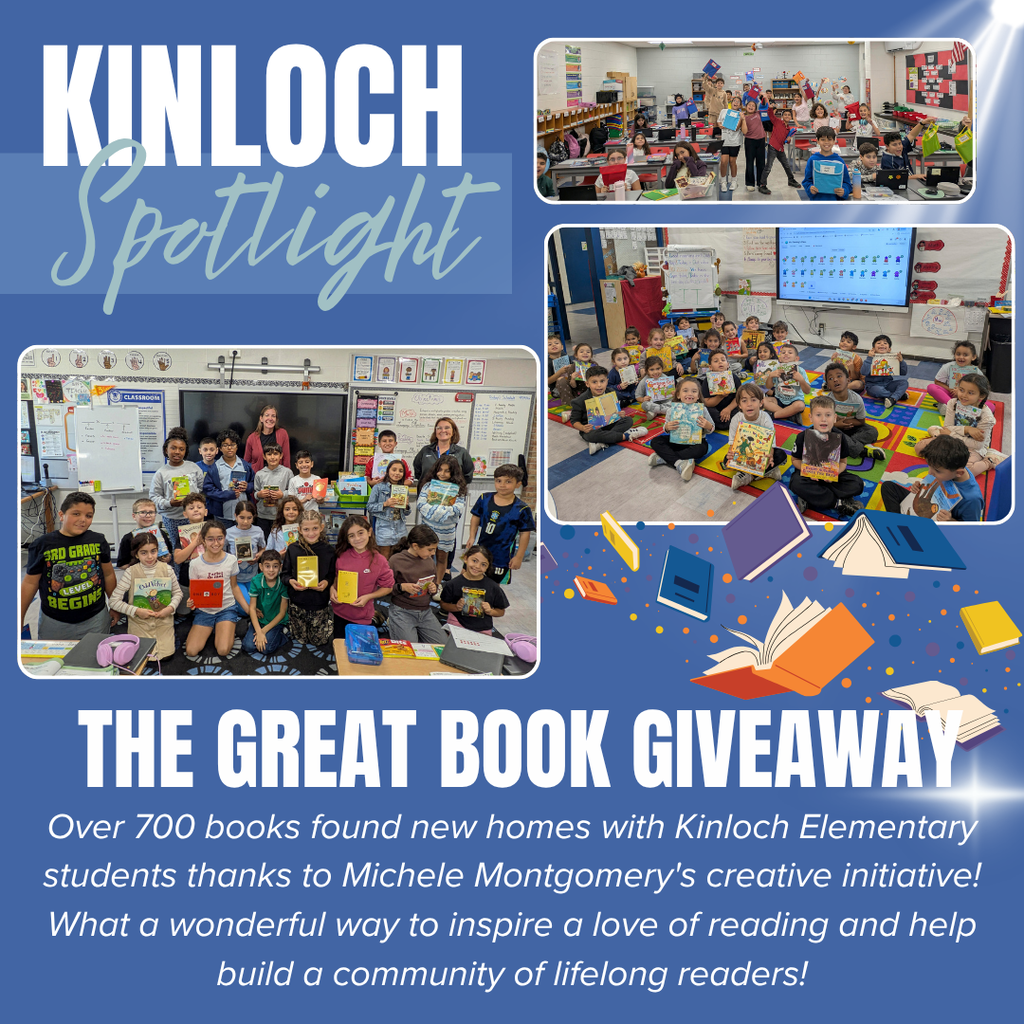 Blue and white poster with text "Kinloch Spotlight" and three photos of children reading books.
