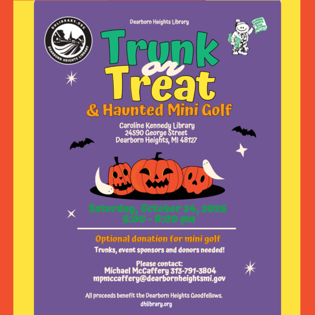 An event flyer titled "Trunk or Treat & Haunted Mini Golf." It features three pumpkins, a ghost, and bats. The event is on October 24, 2026, from 6:00 to 8:00 pm.