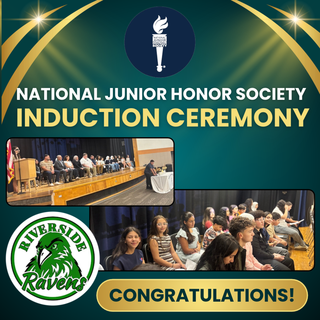A collage featuring a podium, seated students, and a logo. Text reads "National Junior Honor Society Induction Ceremony" and "Congratulations!"