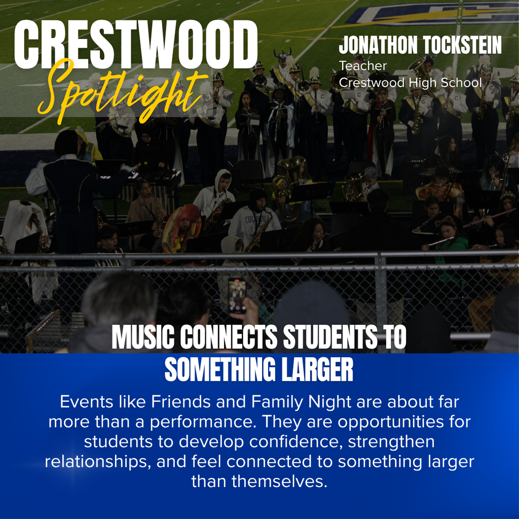 An audience watches a group of people play musical instruments on a field. A banner reads "Crestwood Spotlight".