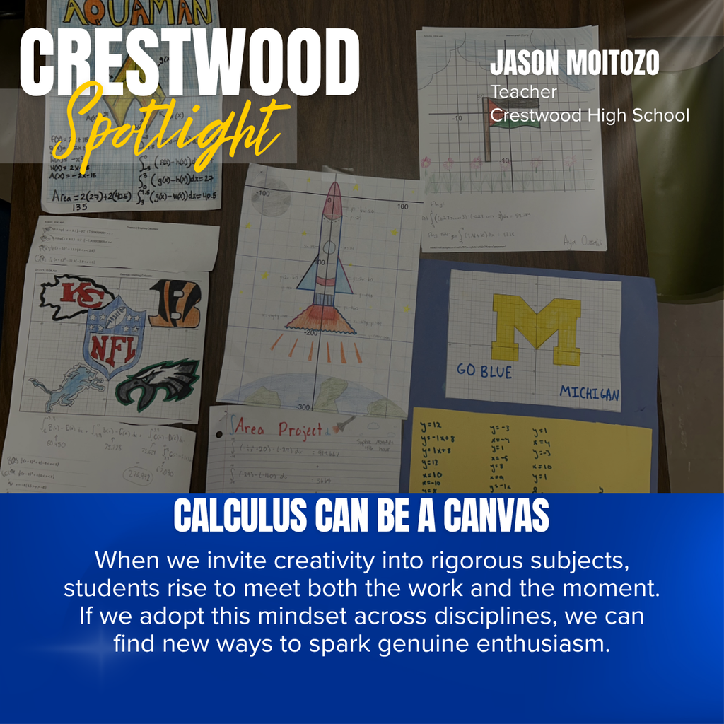 A desk displays papers with drawings and logos, text reads "Crestwood Spotlight", "Calculus Can Be A Canvas", and "Jason Moritozo, Crestwood High School Teacher".