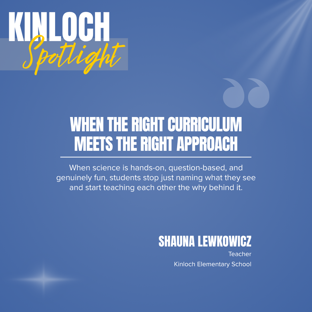 Blue background with text and star design. Text reads: "KINLOCH Spotlight" and "Shauna Lewkowicz, Teacher".