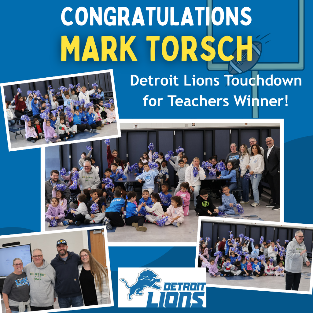 Blue background with text, images of group of people in school, a person holding a football, and logo for Detroit Lions