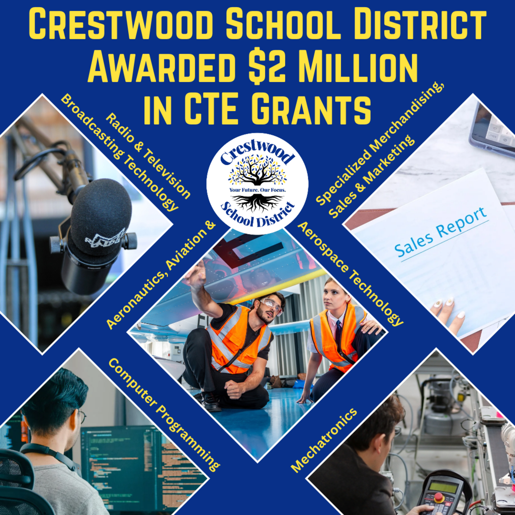 Text on poster reading "Crestwood School District awarded $2 million in CTE grants". Various images show people working in lab, wearing orange vests, and using microphones.