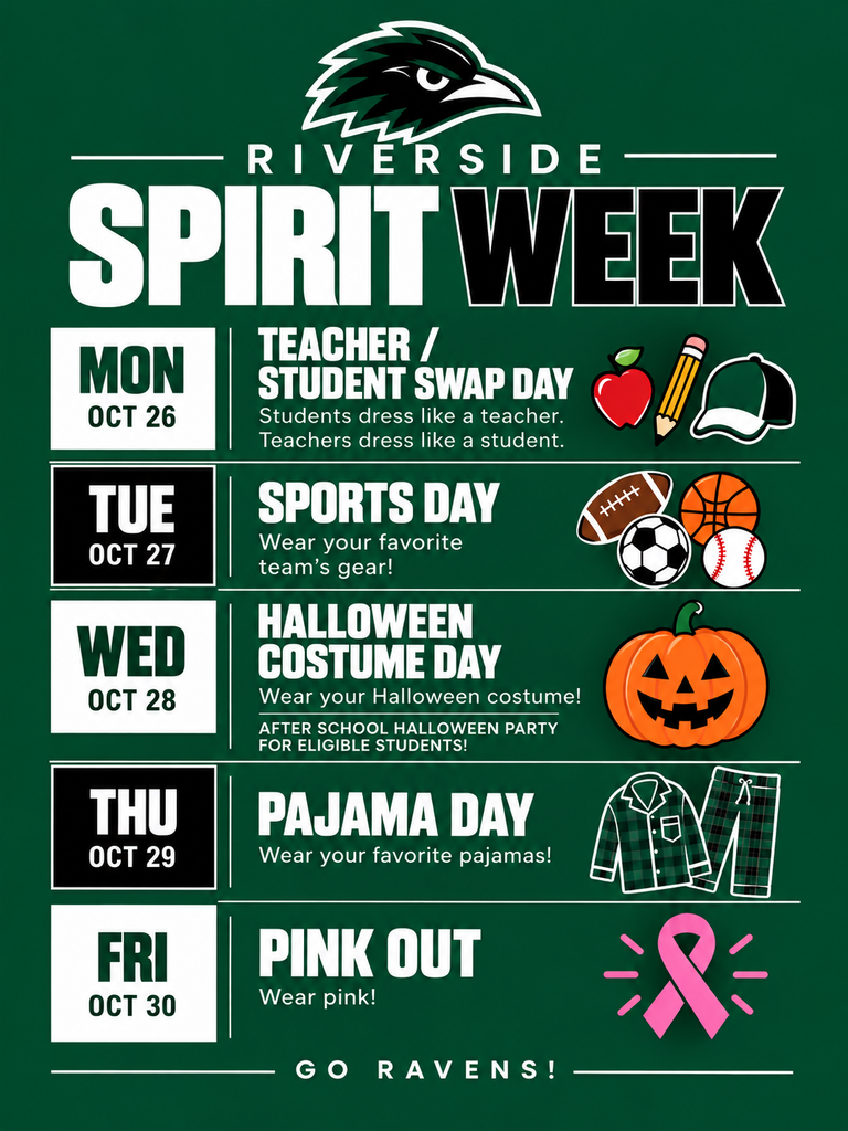 Spirit week schedule includes Teacher/Student Swap Day, Sports Day, Halloween Costume Day, Pajama Day, and Pink Out Day.