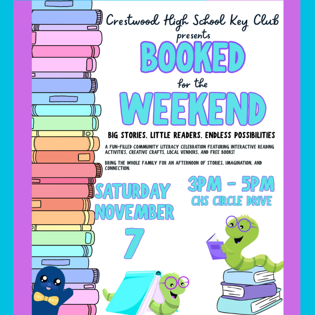 Colorful flyer with stacks of books, a worm wearing glasses, and a blue ghost. Text reads: "Booked for the Weekend".