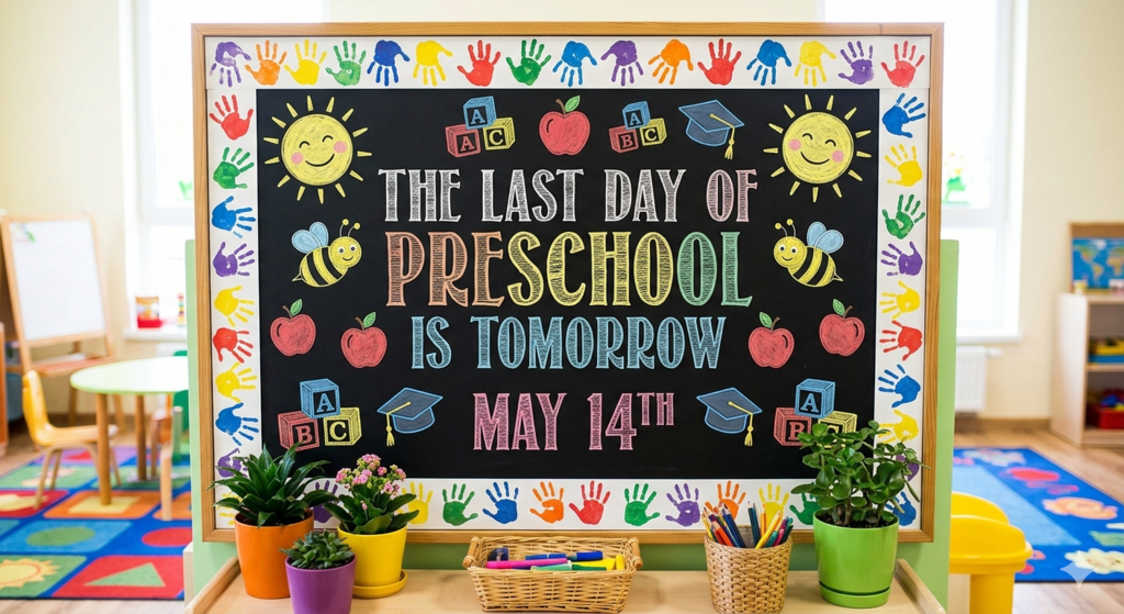 The last day of preschool is tomorrow, May 14th.