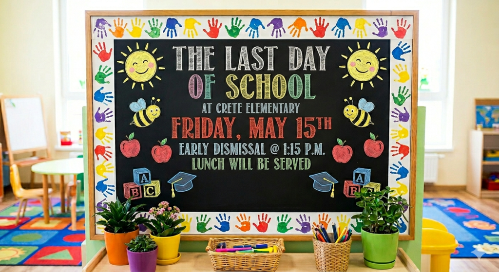Last day of school at Crete Elementary is Friday, May 15th at 1:15 p.m.