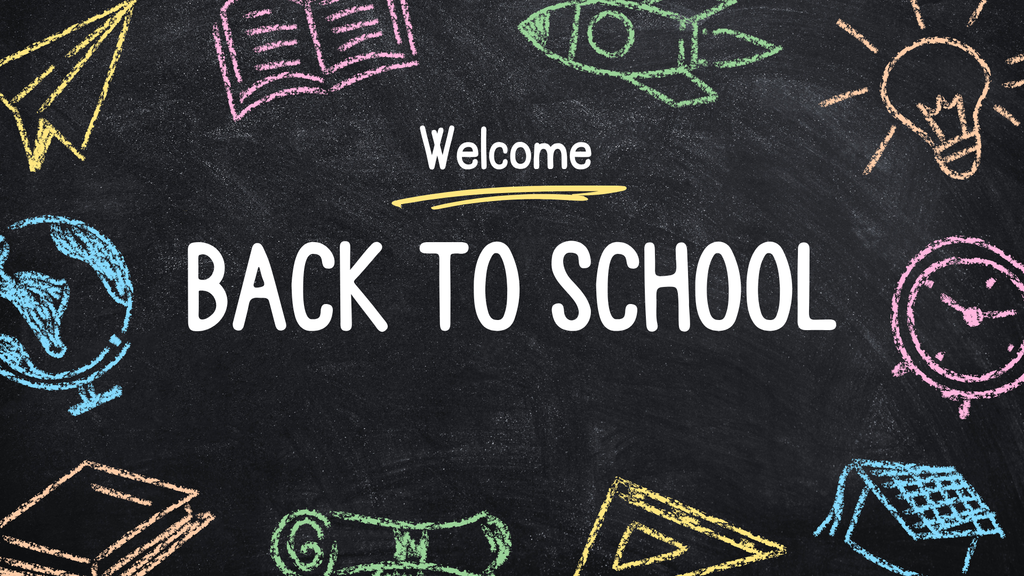 Photo with chalk images of school items and the words Welcome Back to School