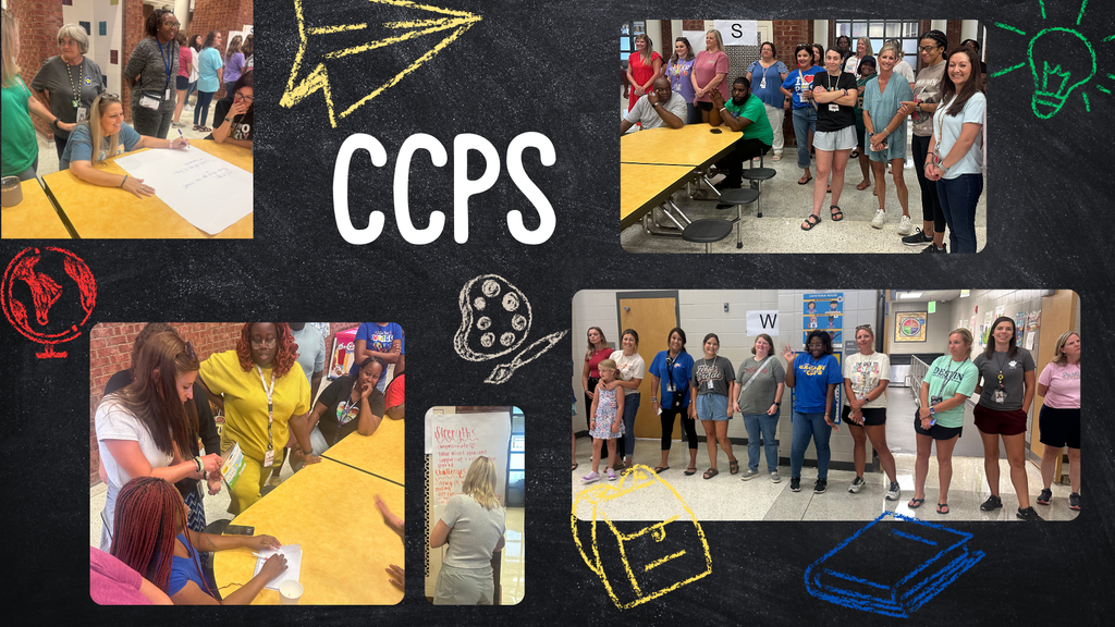 Photo of chalk style globe, paper airplane, backpack , book, light bulb and pallet with images of CCPS teachers participating in a collaborative activity in the lunch room. Other faculty members are in line watching.