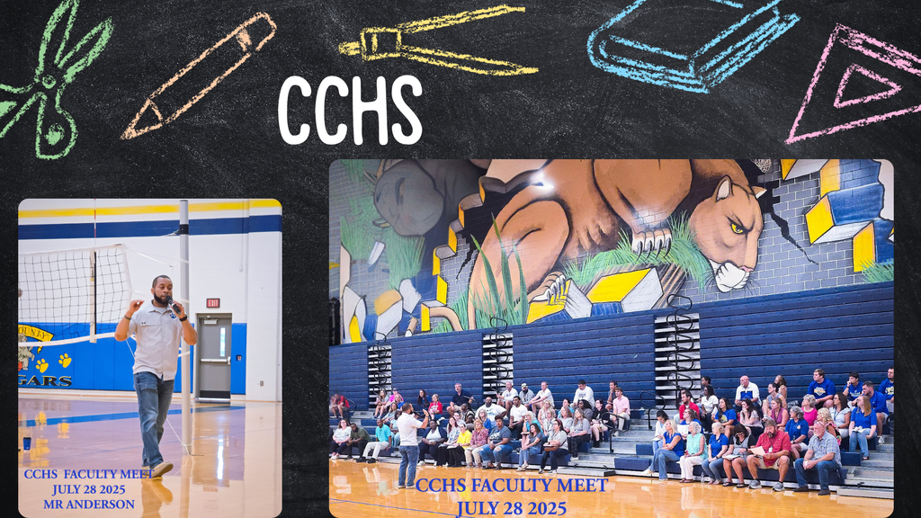 CCHS Back to School Photos Mr. Anderson speaking and CCHS Faculty listening in the gymnasium 