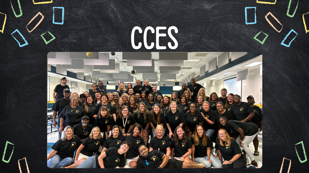 Photo of chalk style, skinny, colorful rectangles bordering the CCPS faculty huddled together in black, cougar shirts
