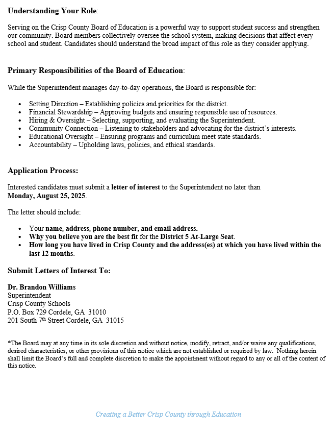 Screenshot of page 2 of BOE Potential Vacancy Announcement