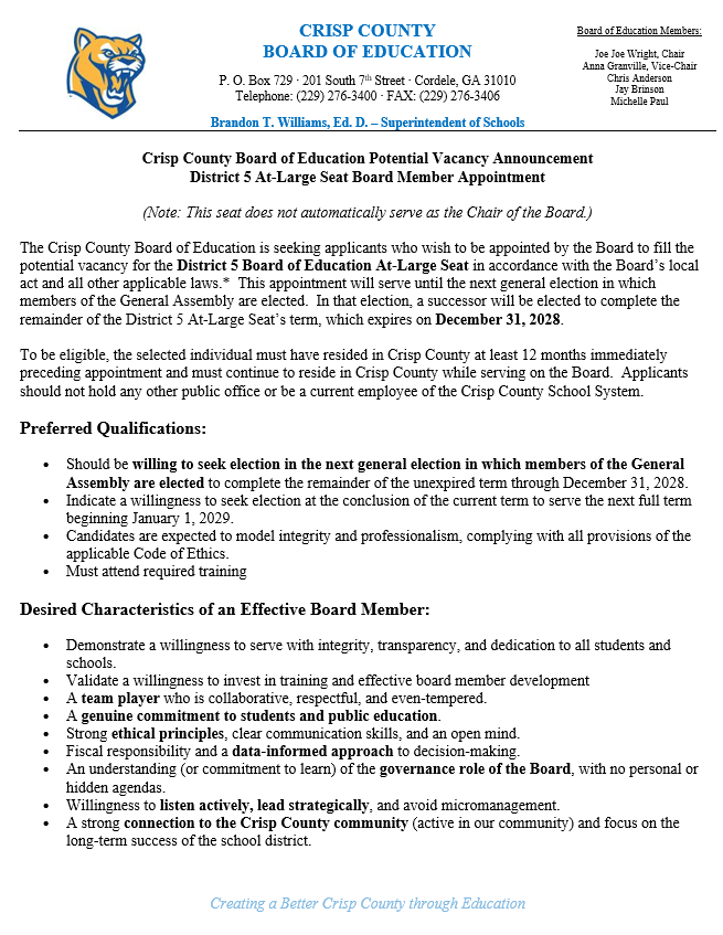 Screenshot of page 1 of BOE Potential Vacancy Announcement