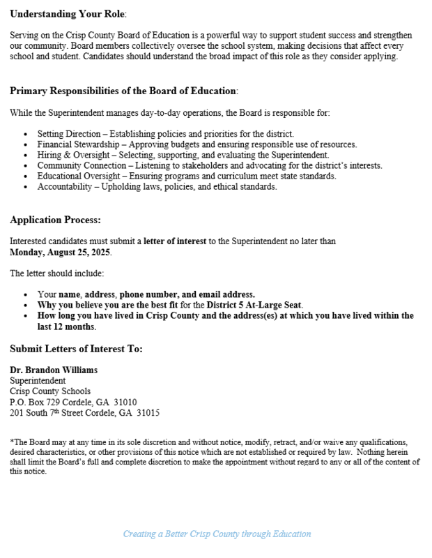 Screenshot of page 2 of BOE Potential Vacancy Announcement