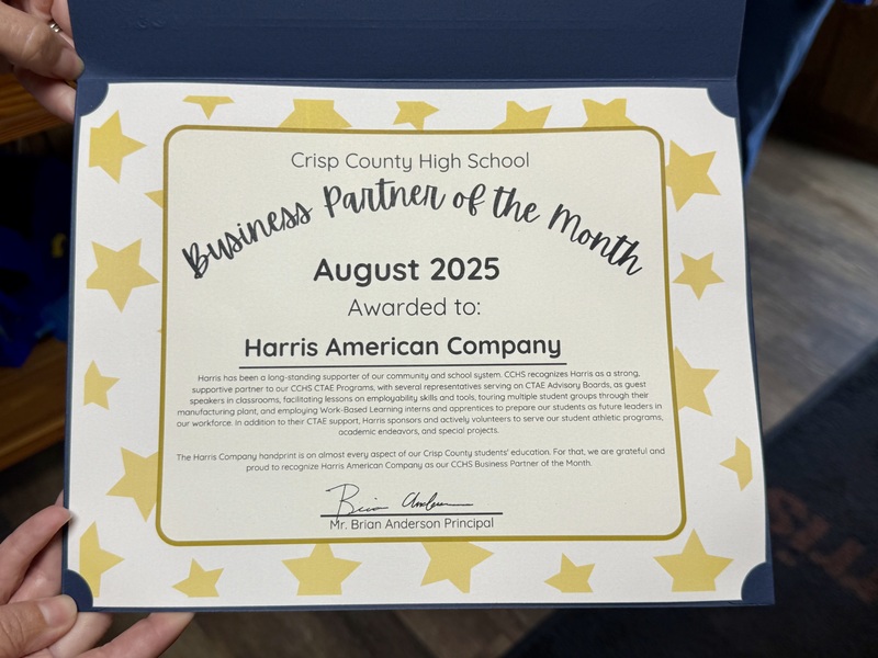 Congratulations to the first CCHS Business Partner of the month-Harris American Company!  We are so thankful that Harris has been a long-standing supporter of our community and school system 
