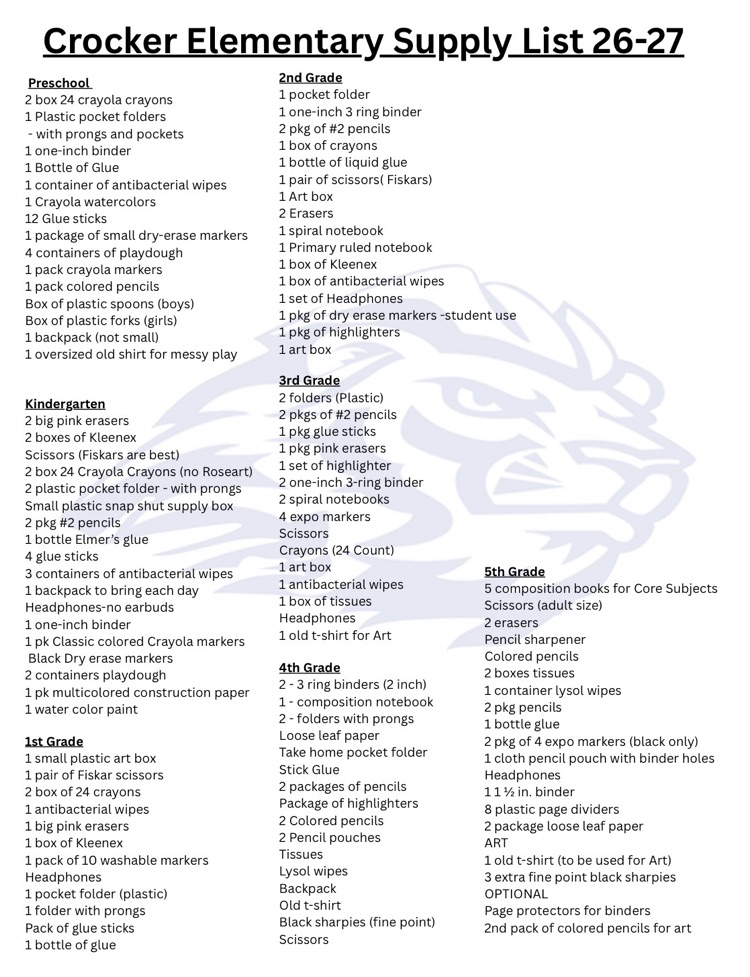 Elementary Supply List