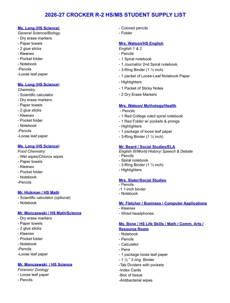Middle School/High School Supply List