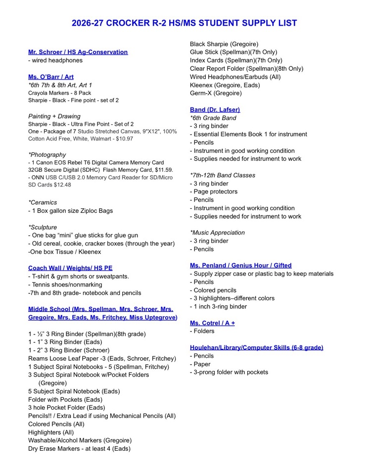 Middle School/High School Supply List