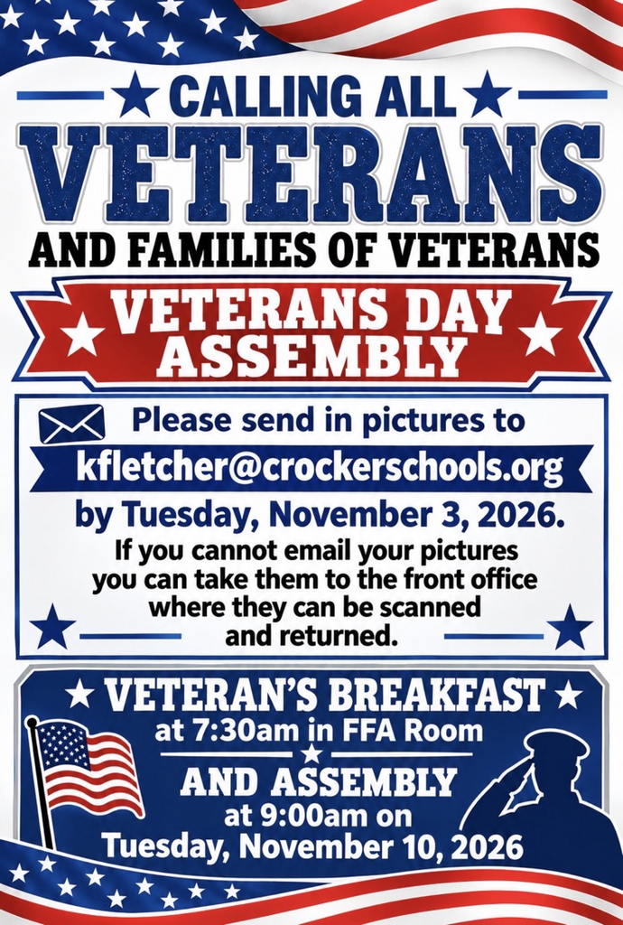 Calling all Veterans please send in Pictures by November 3 and Assembly and Breakfast is on Tuesday November 10