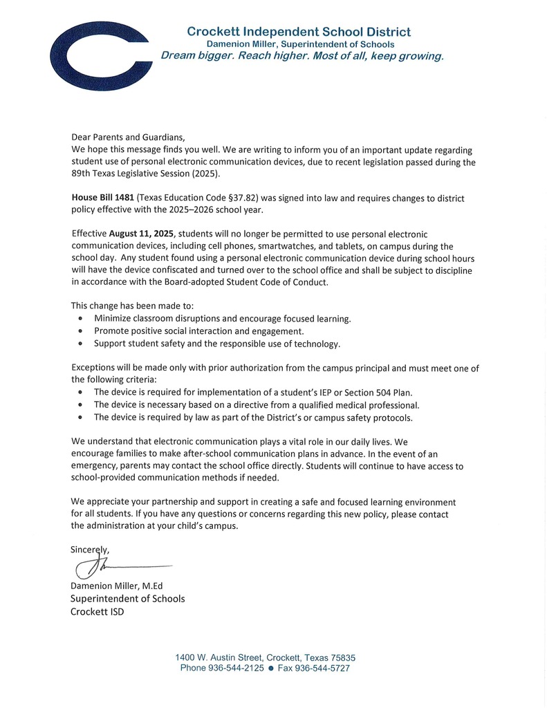 Letter to Parents  about electronic devices