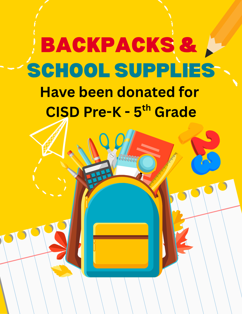 Backpacks and school supplies Pre-k - 5th donated.