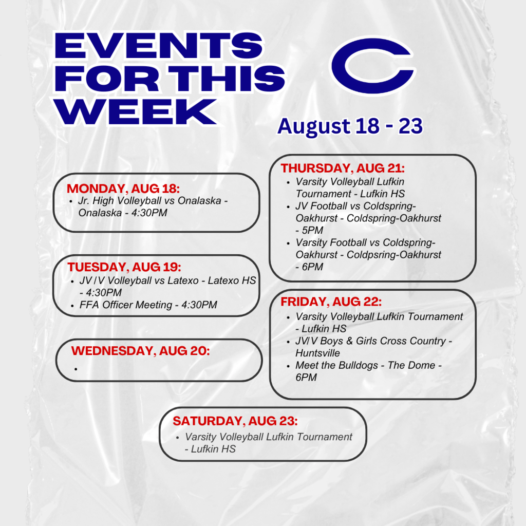 Crockett ISD Weekly Events August 18 - 23