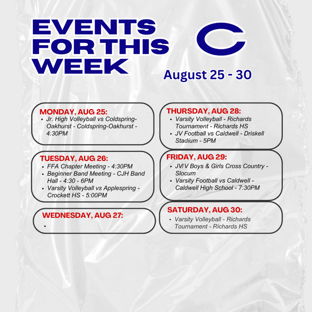 Crockett ISD Weekly Events for August 25-30, 2025