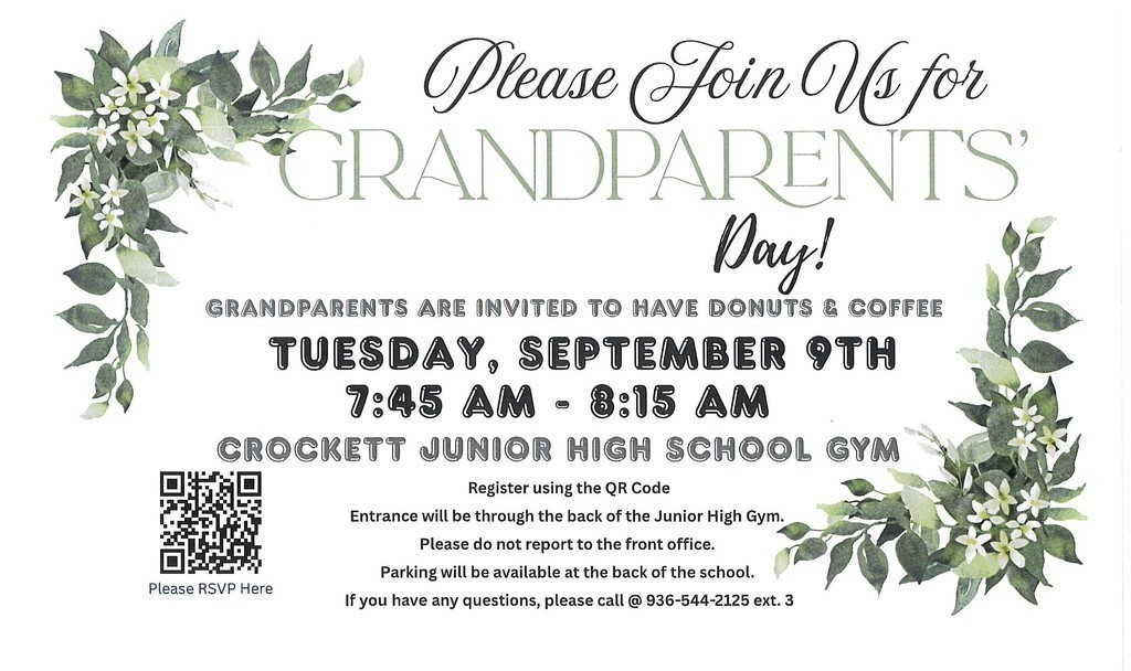 Crockett Jr. High is excited to celebrate Grandparents' Day! Join us for coffee and donuts on September 9, 2025, from 7:45 to 8:15 a.m. in the gym.