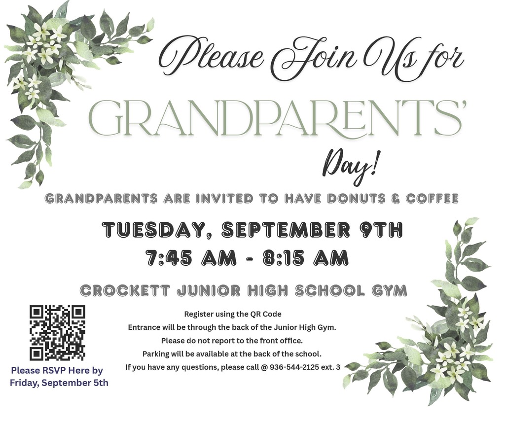 Crockett Jr. High is excited to celebrate Grandparents' Day! Join us for coffee and donuts on September 9, 2025, from 7:45 to 8:15 a.m. in the gym