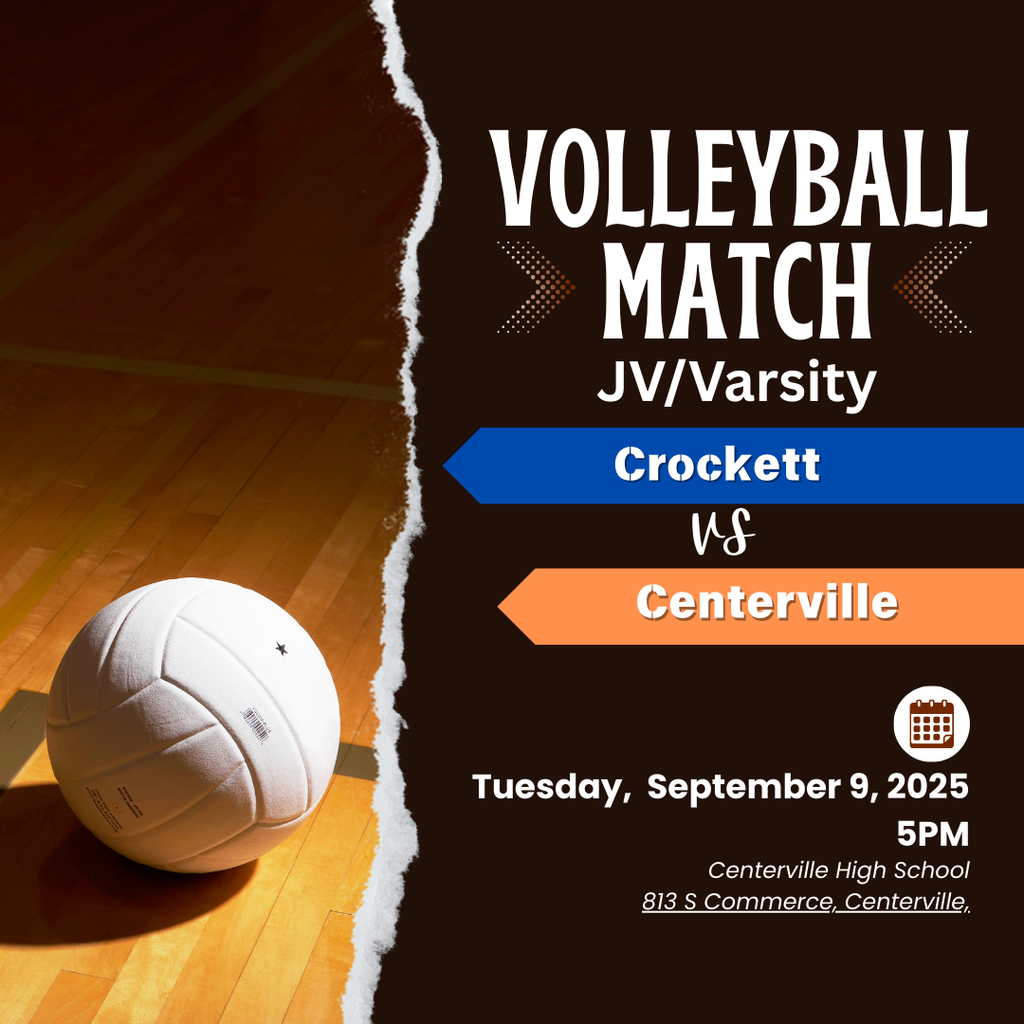 Crockett's JV and Varsity Volleyball teams will face off against Centerville on September 9, 2025, at Centerville High School, starting at 5 PM.